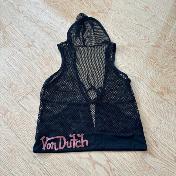 Black Orange Mesh Von Dutch Tank Top Vest with tie and hood small - Picture 1 of 3
